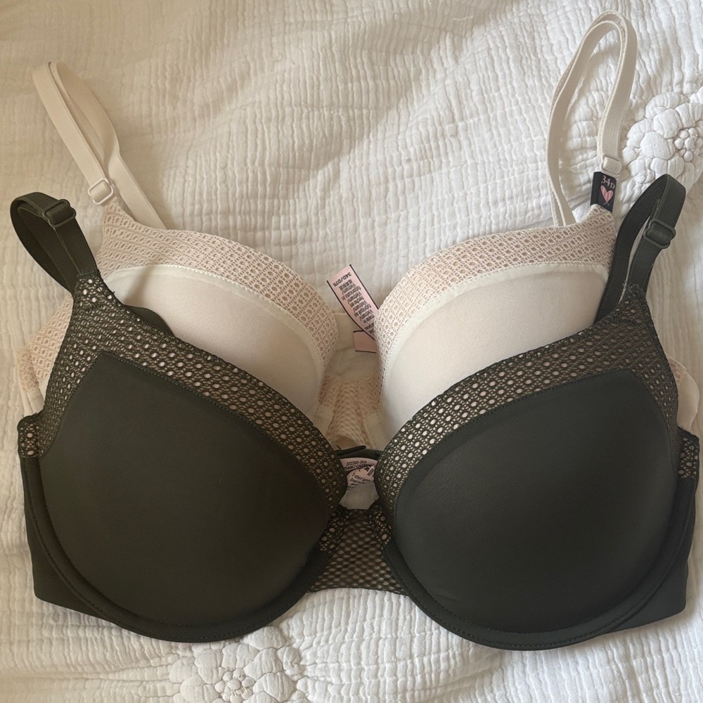 🍸🕊️Victoria’s Secret Women's Lightly Lined Lace Trim Bras - Olive and Cream